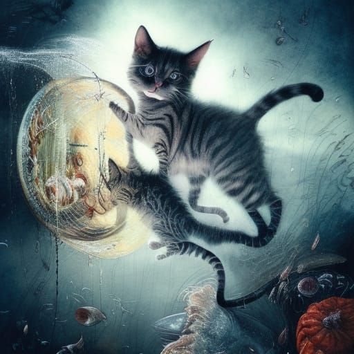 cats walking on two legs buying fish in the supermarket, spl...