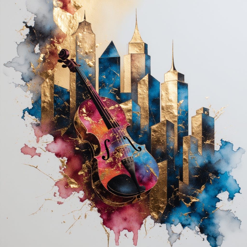 <lora:Orel:1.0> Violin shape merging with city buildings
Ink and watercolor sketch enhanced with copper leaf, sapphire blue and ruby metalli...