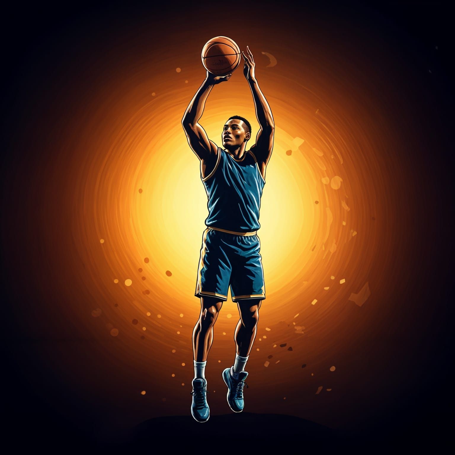 The design features a stylized silhouette of a basketball player in mid-air, poised to take a shot. The player's pose captures the dynamic...