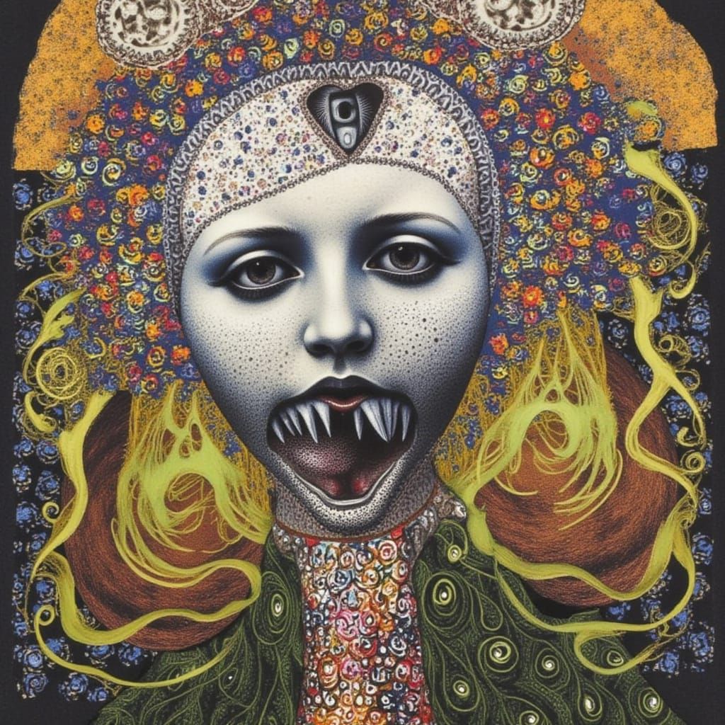 <lora:Mixedfeelings:1.0> Recursive head devouring its reflection amid glitch static