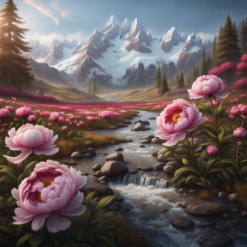 Peony flower in meadow with rolling stream and snow capped m...