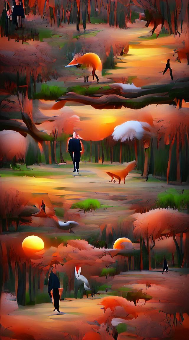 Man walking in the forest, evening, sunset, birds, rabbit, f...