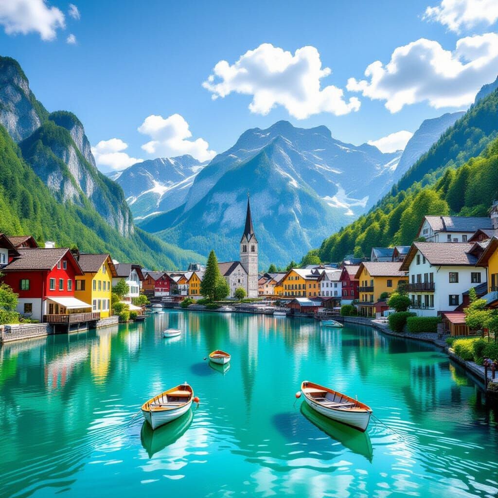 Vibrant Lakeside Village in the Mountains