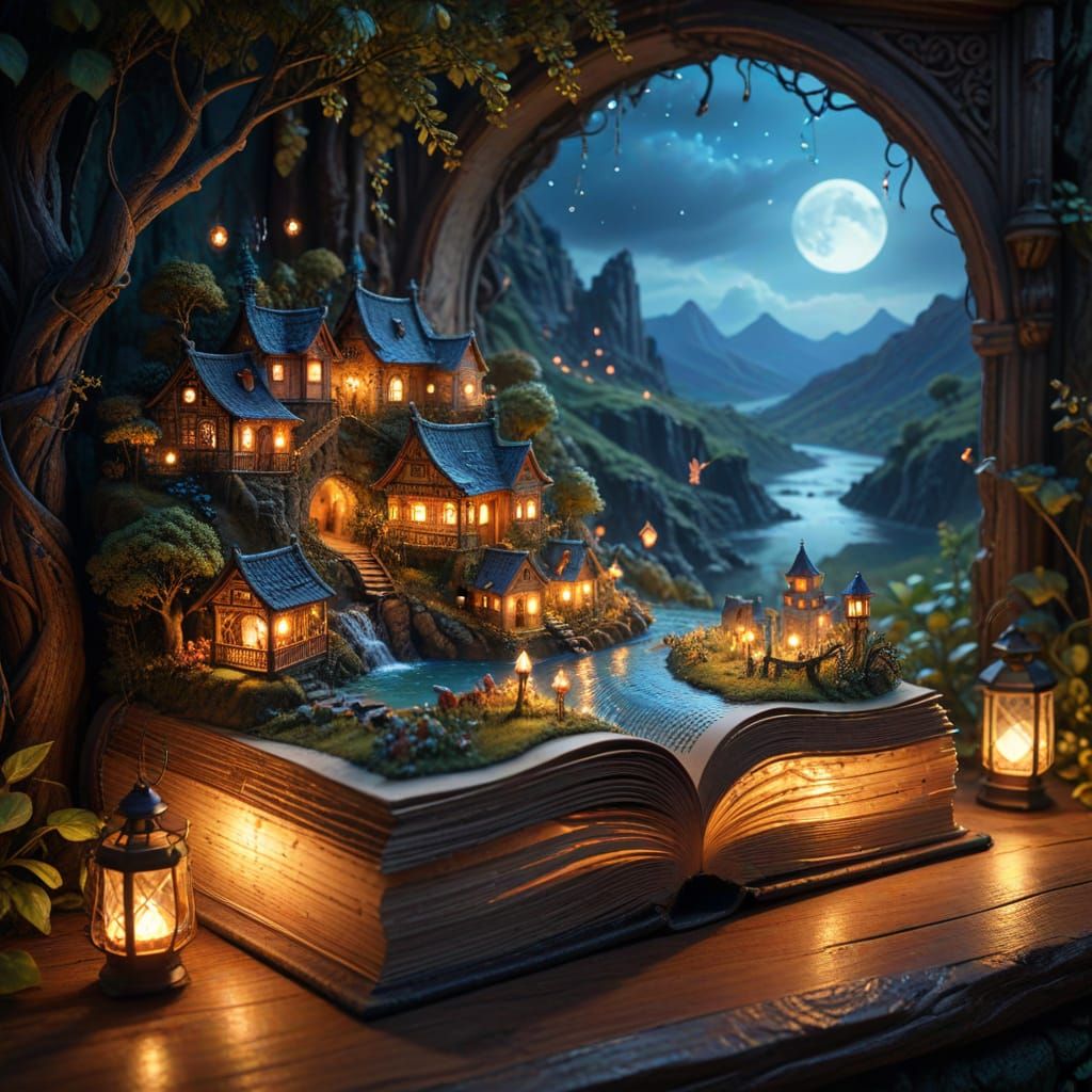 "An ancient, weathered book lies open on a wooden table inside a cozy room, with its yellowed pages revealing centuries of age, and directly...