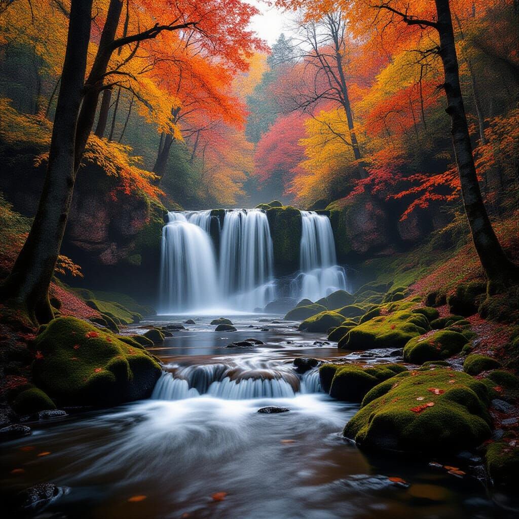 Magical Autumn Waterfalls in a Vibrant Forest