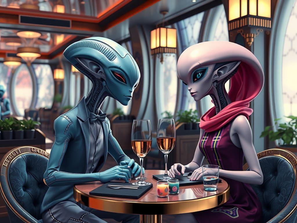 Aliens on a Romantic Date in an Extravagant Restaurant
