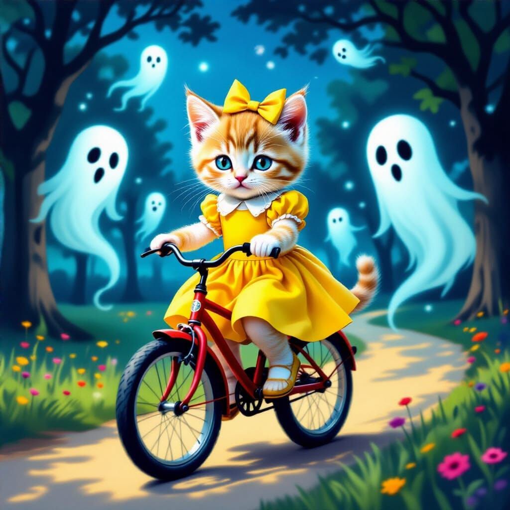 Cute kitten riding bike yellow dress and bow in pretty park surrealist abstract strange ghosts scary night
