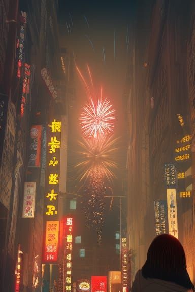Detailed Firework Festival Over Cityscape, Digital Art