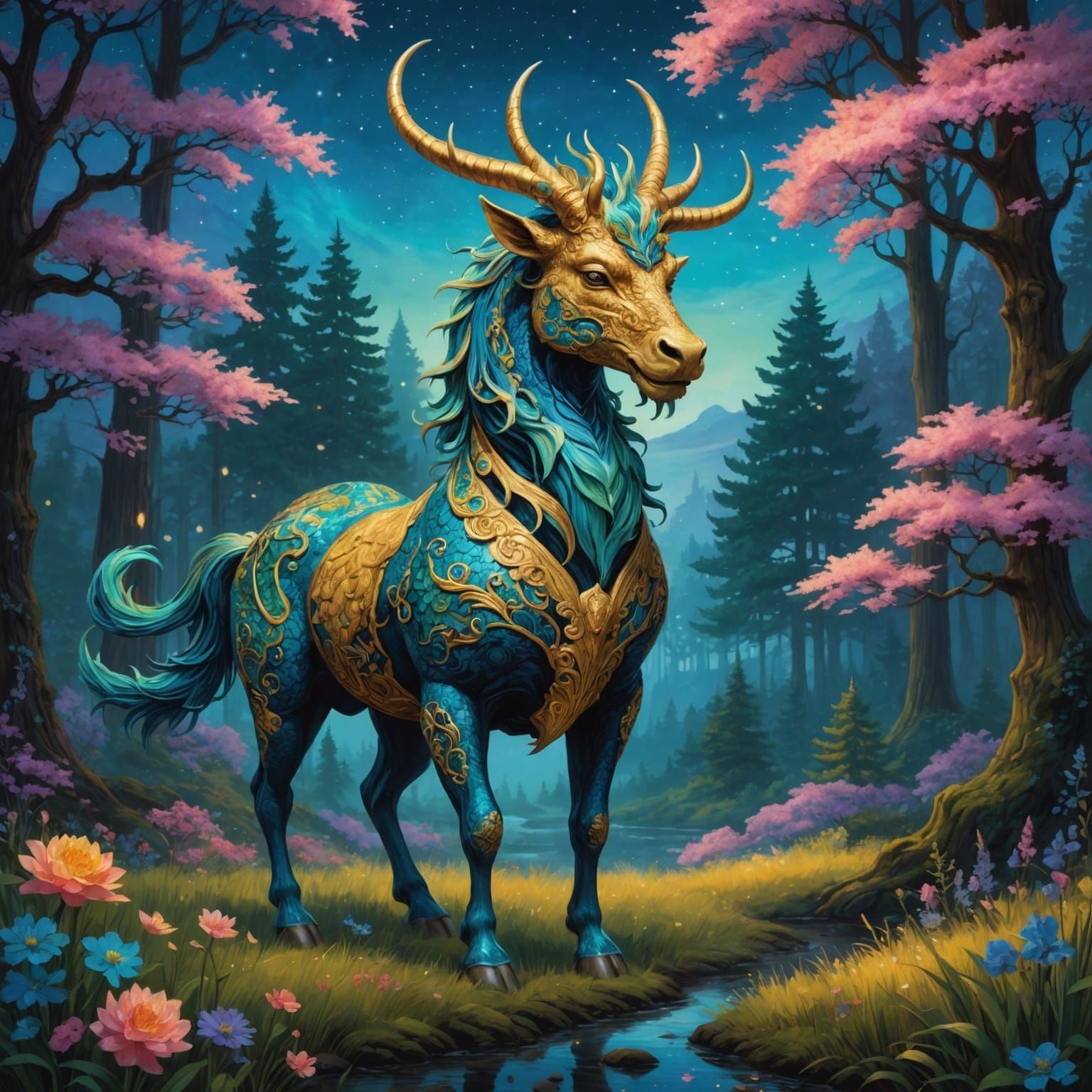 A highly detailed image of a Qilin, a mythical creature with dragon and deer features, standing majestically in a serene forest  in a radian...