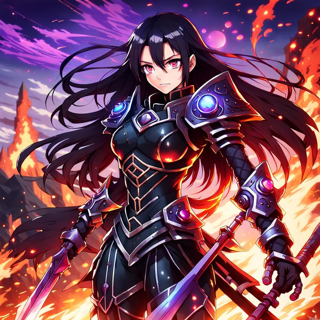 Full body female warrior in perfect figure with long black h...