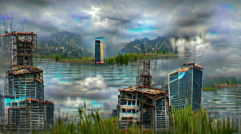 single grungy skyscraper rising out of godly lake lowbrow hy...