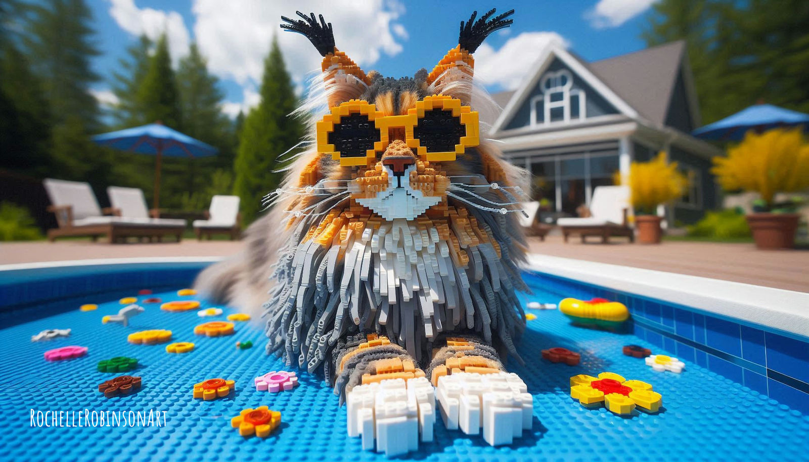 Maine C Cat Lounging At The Pool - Lego Art