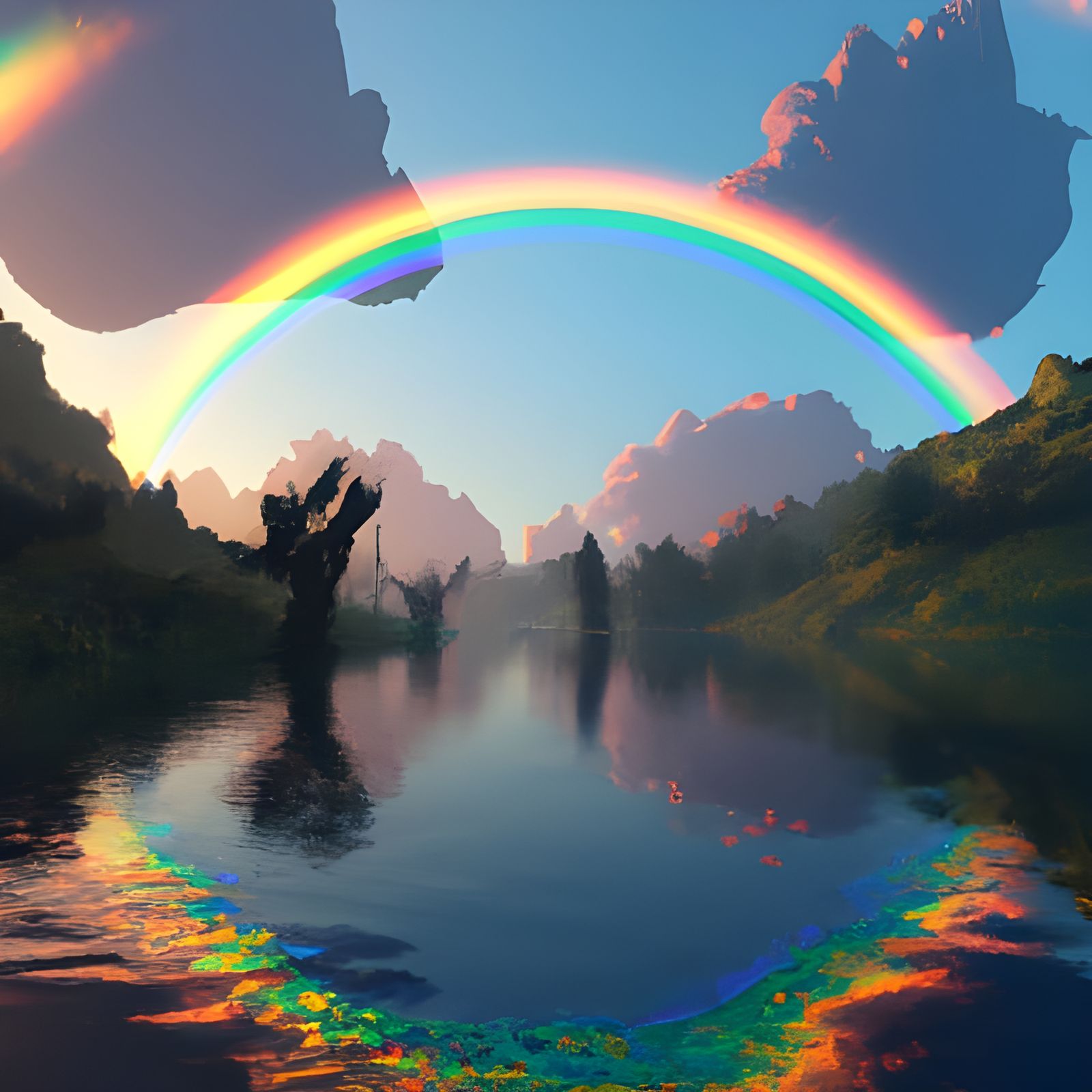 A rainbow reflecting on a beautifully still lake  by @Tanke
