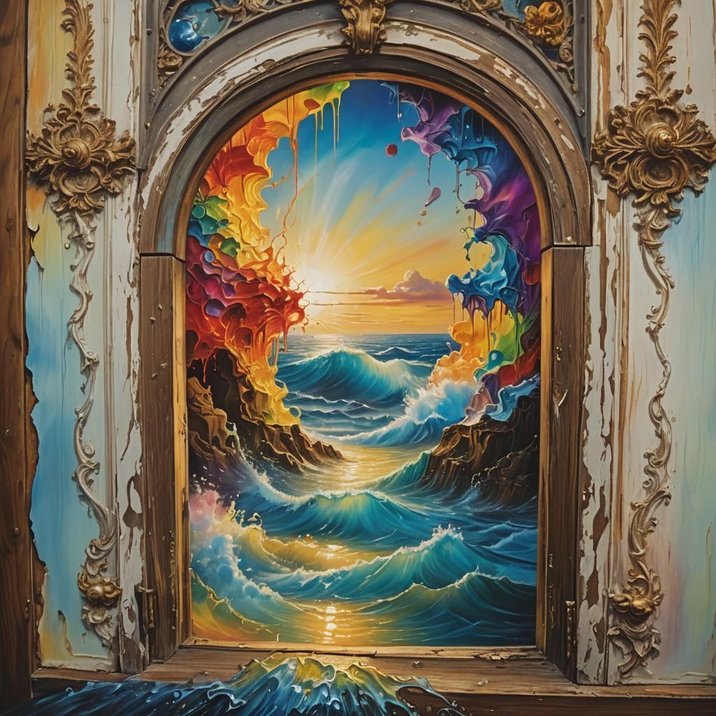 Rainbow Arc Erupts Through Window, Surreal Dreamscape