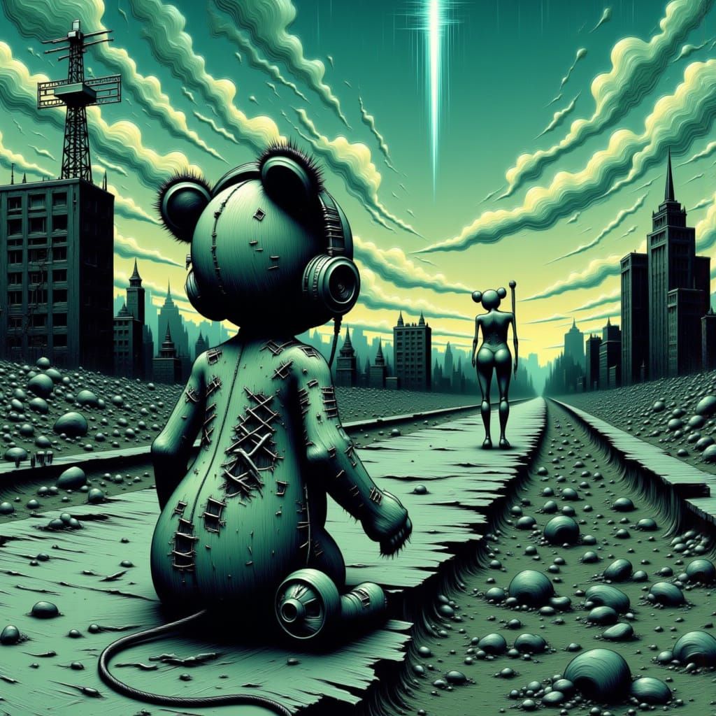A worn teddy bear in a post-apocalyptic wasteland, sitting on the edge of a broken world. Silence echoes in the distance as the lone figure marches ahead under a haunting green sky.
