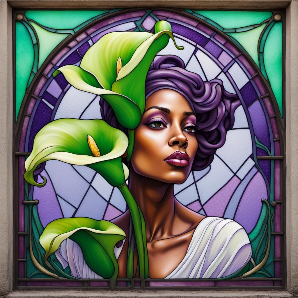 "stained glass whimsical green and pirple calla lily with Af...