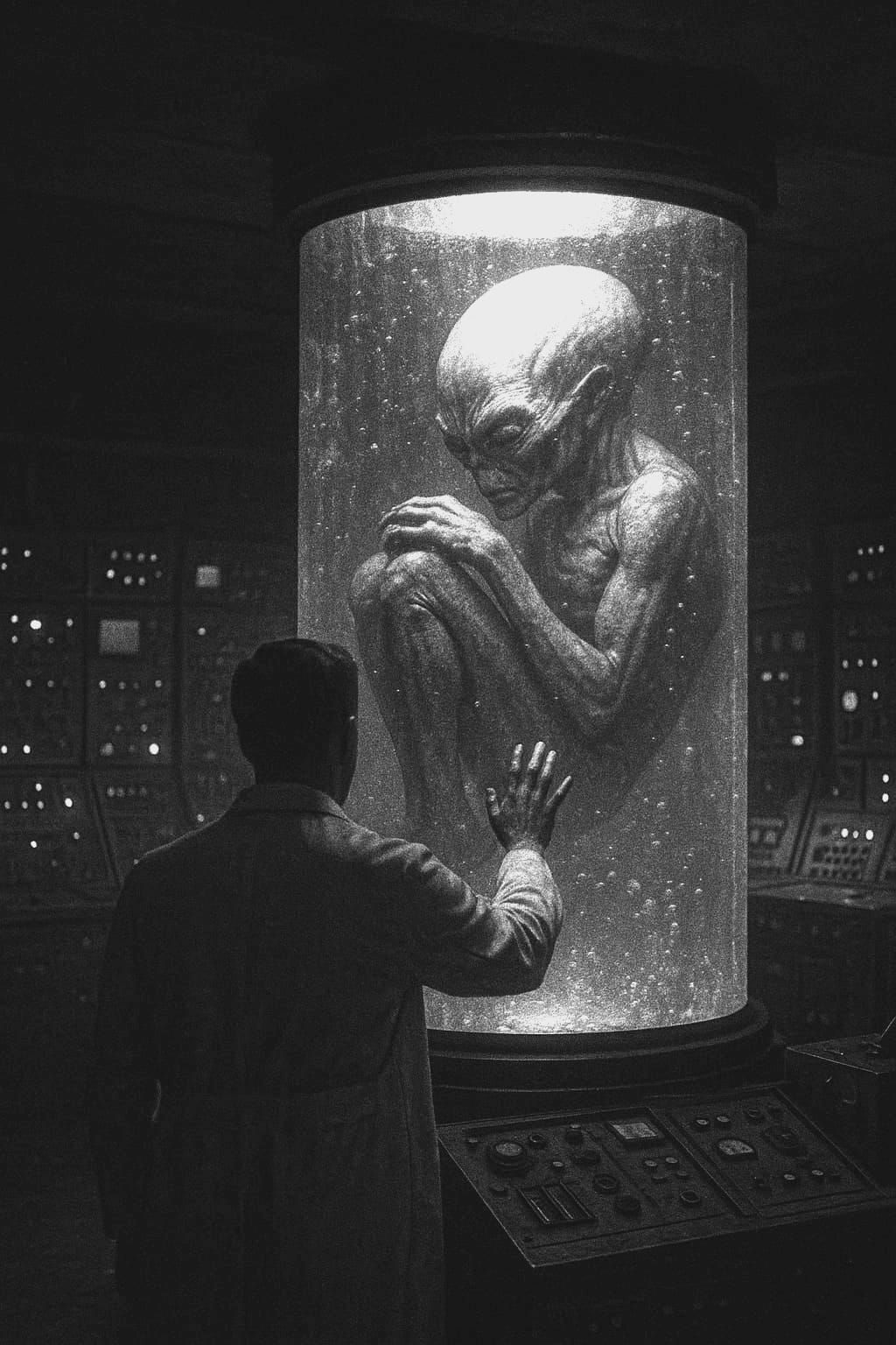 Human scientist in secret lab discovering gray alien body floating in canister