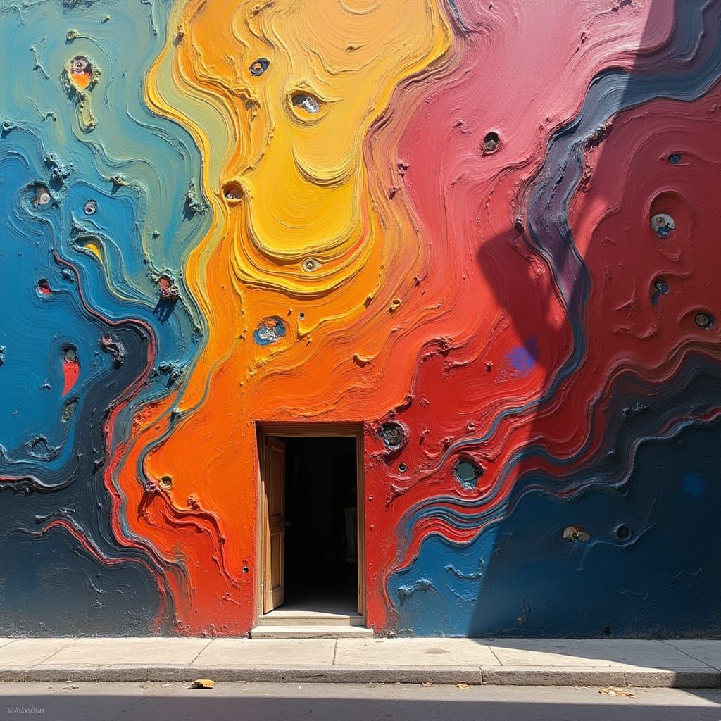 Far view Vibrant swirling thick colors on a wall on a building with a  small faded human shadow seen partially through the colors  oil on ca...