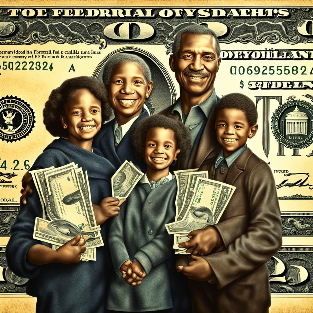 A family -- father, mother, two children -- happily receiving dollars from the federal government