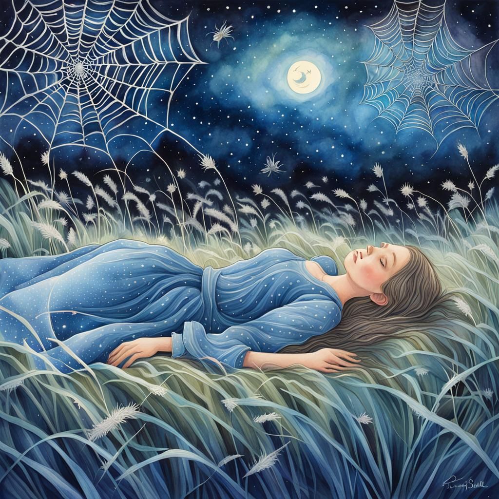 Dreamy Girl in Grassy Field: Watercolor Zentangle