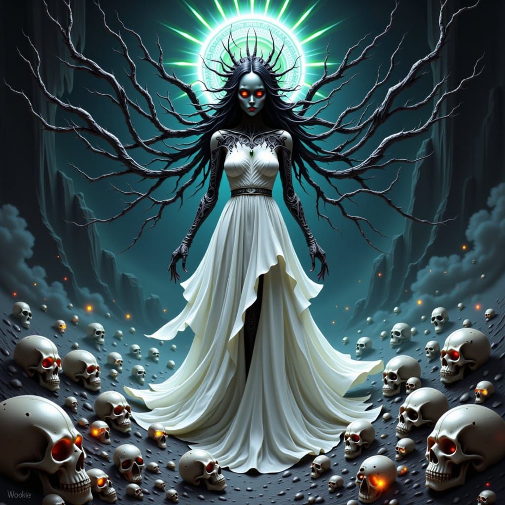 A benevolent android necromancer woman, dressed in a flowing white gown with intricate, circuit-like patterns, stands amidst a halo of incan...
