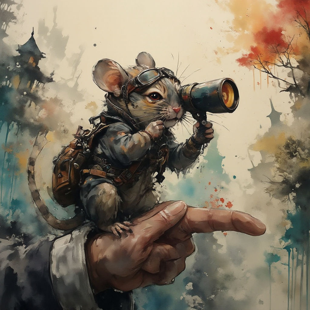 Mouse looking through binoculars dressed in steampunk gear