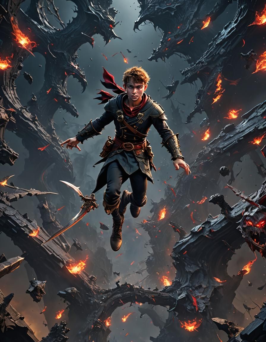 Peter Pan as a dark warrior with a strong shape, red eyes in...