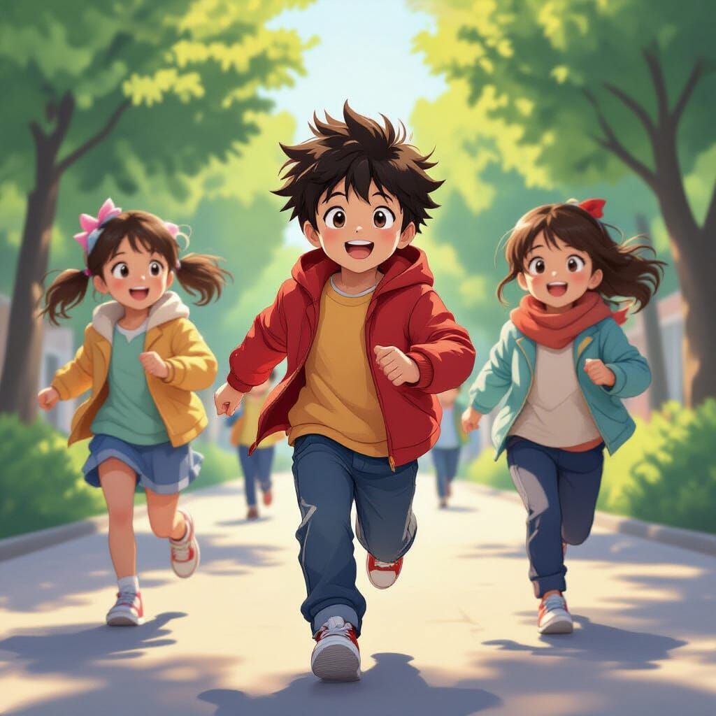 Children Running in Anime Style with Cel-Shading
