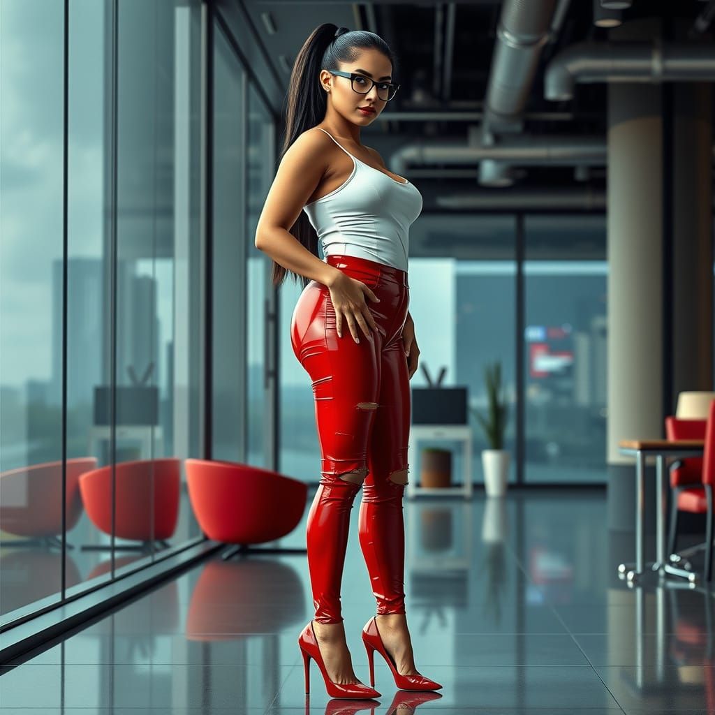 Sultry Businesswoman in Red Latex and Stilettos