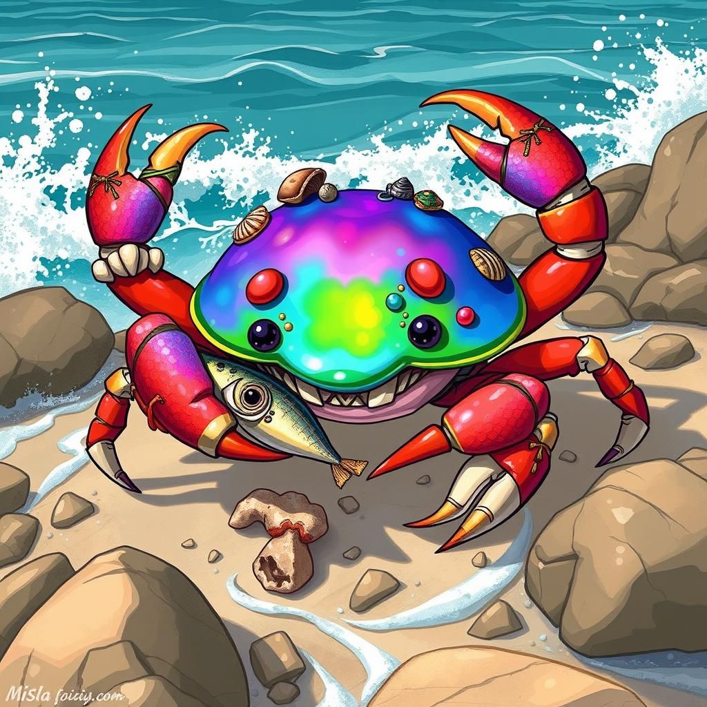 Furry land crab eating small fish on seashore.