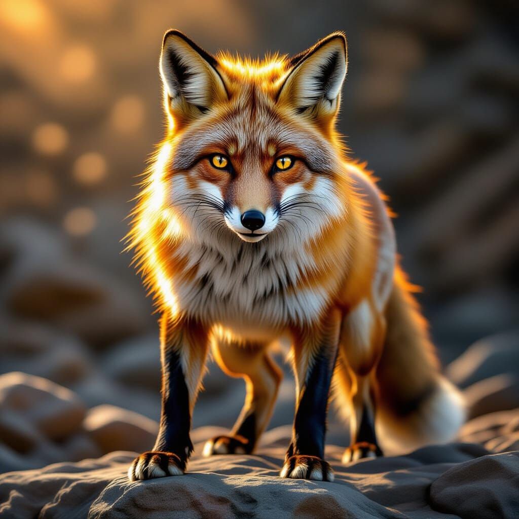  Close-up, medium shot of a majestic, muscular fox exuding strength, power, and energy with tense, defined muscles, standing imposingly on a...