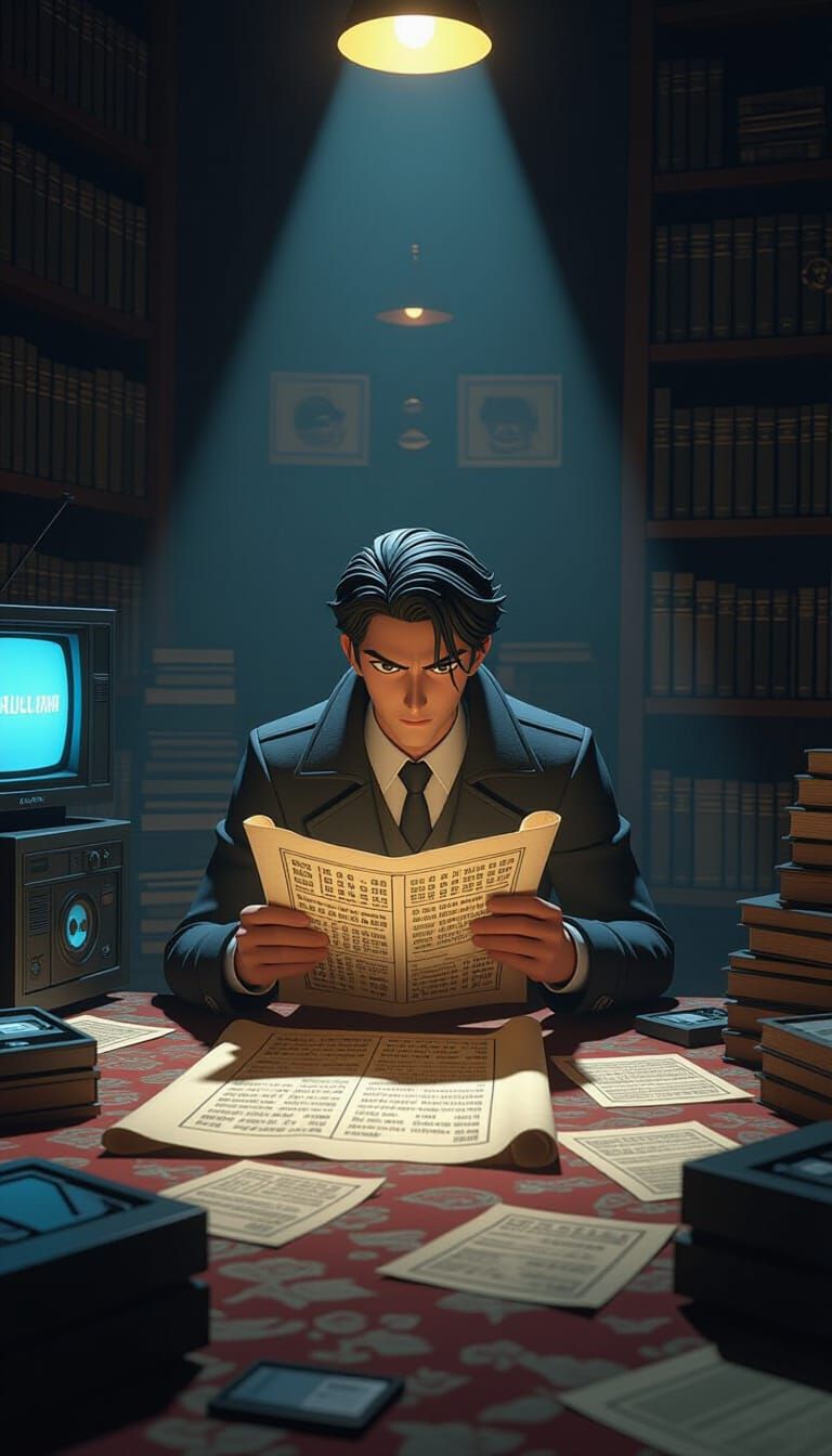 3D Anime Detective Examines Scroll with Retro Tech