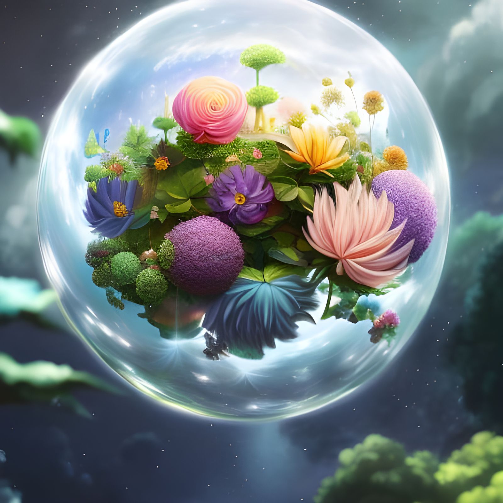 Whimsical Flower Cataclysm Sphere in Studio Ghibli Style