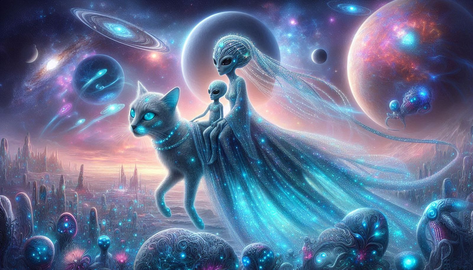 Alien mother with her child on an intergalactic journey