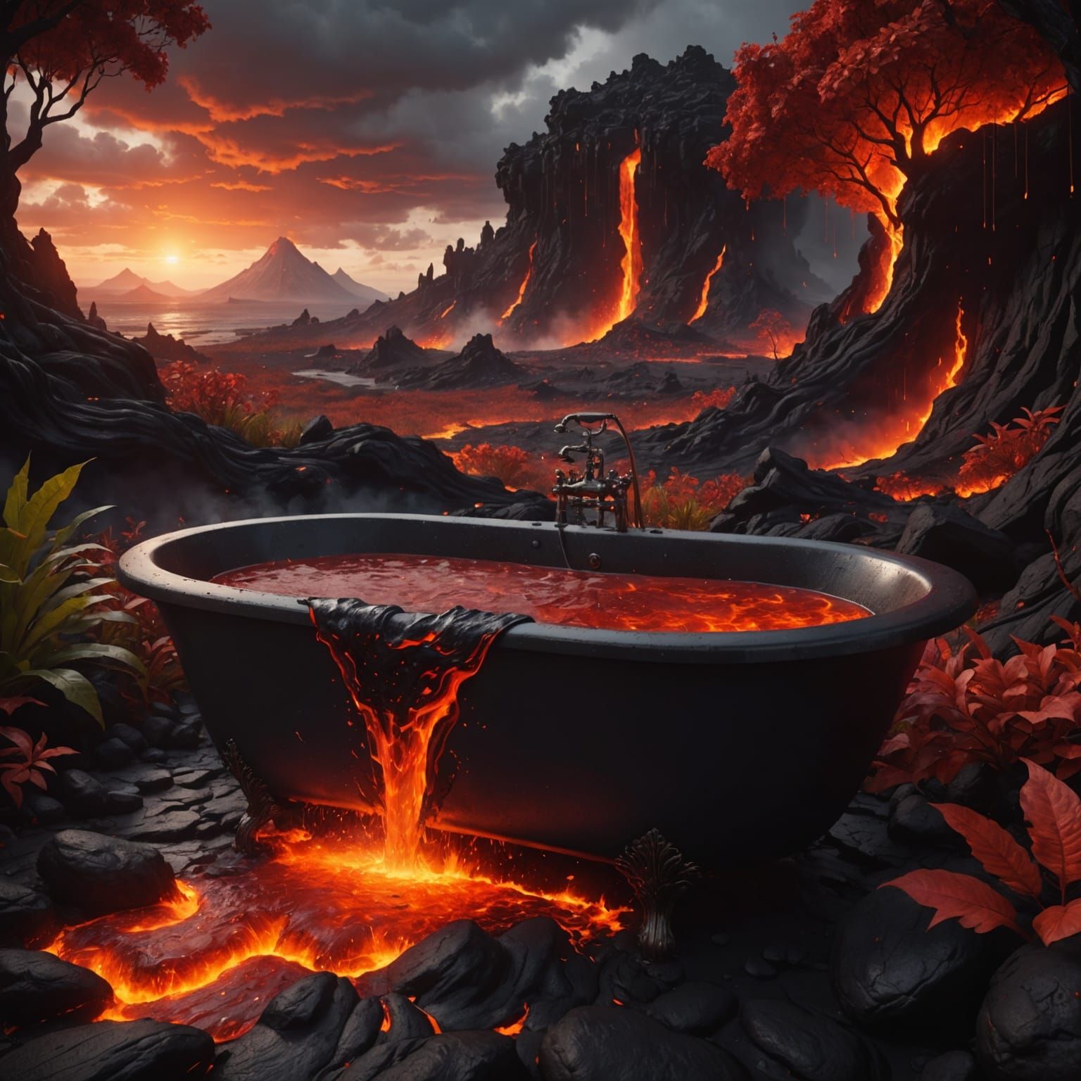 Epic Fantasy Lava Bathtub in Vivid Red Landscape