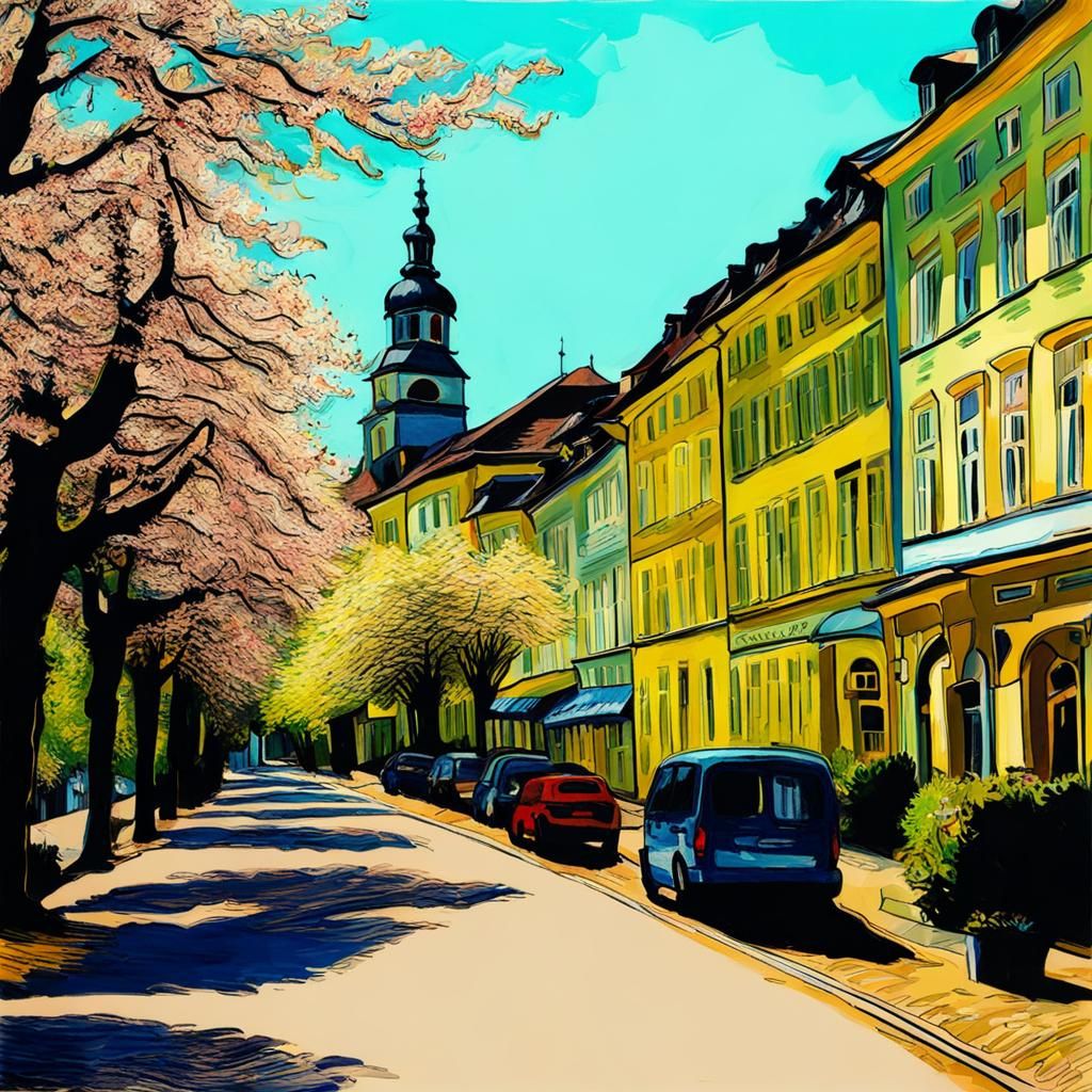 Van gogh style drawing of Baden-Baden down town in spring