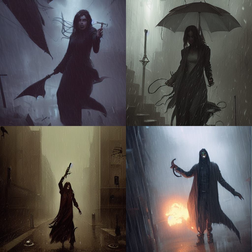 A lovecraftian mage fighting horrors in the rain.