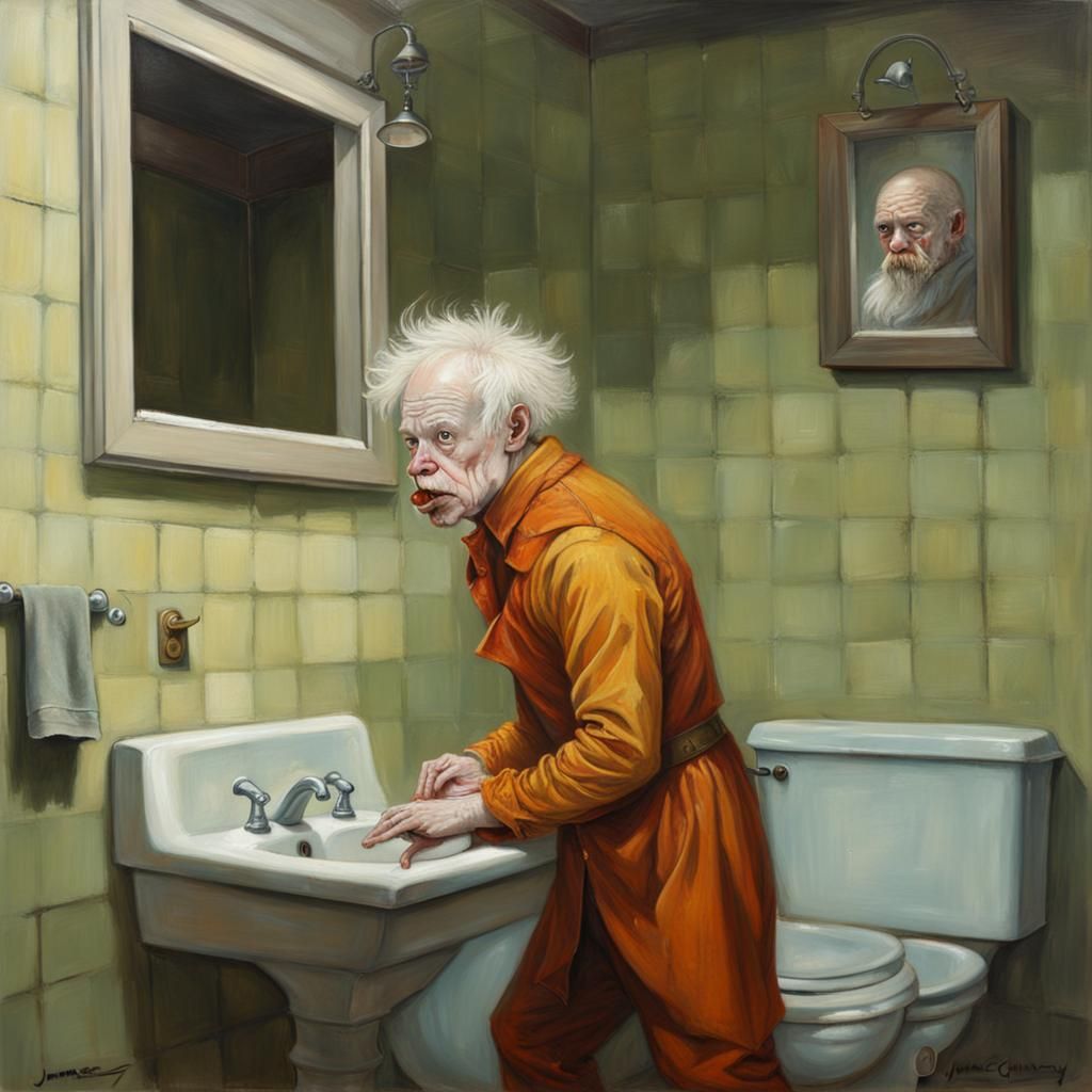 Creepy albino man in a robin costume in the bathroom