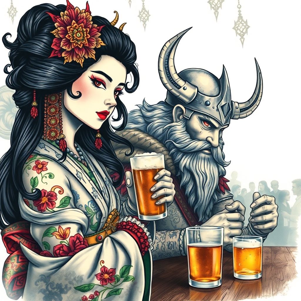 Geisha and Viking at Bar