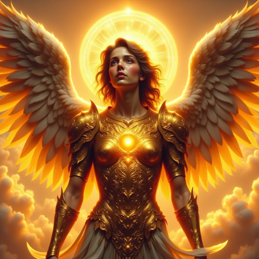 "Seraphic figure silhouetted against a glowing orange sky, long wings illuminated by the first light of day, symbols of the sun etched into ...