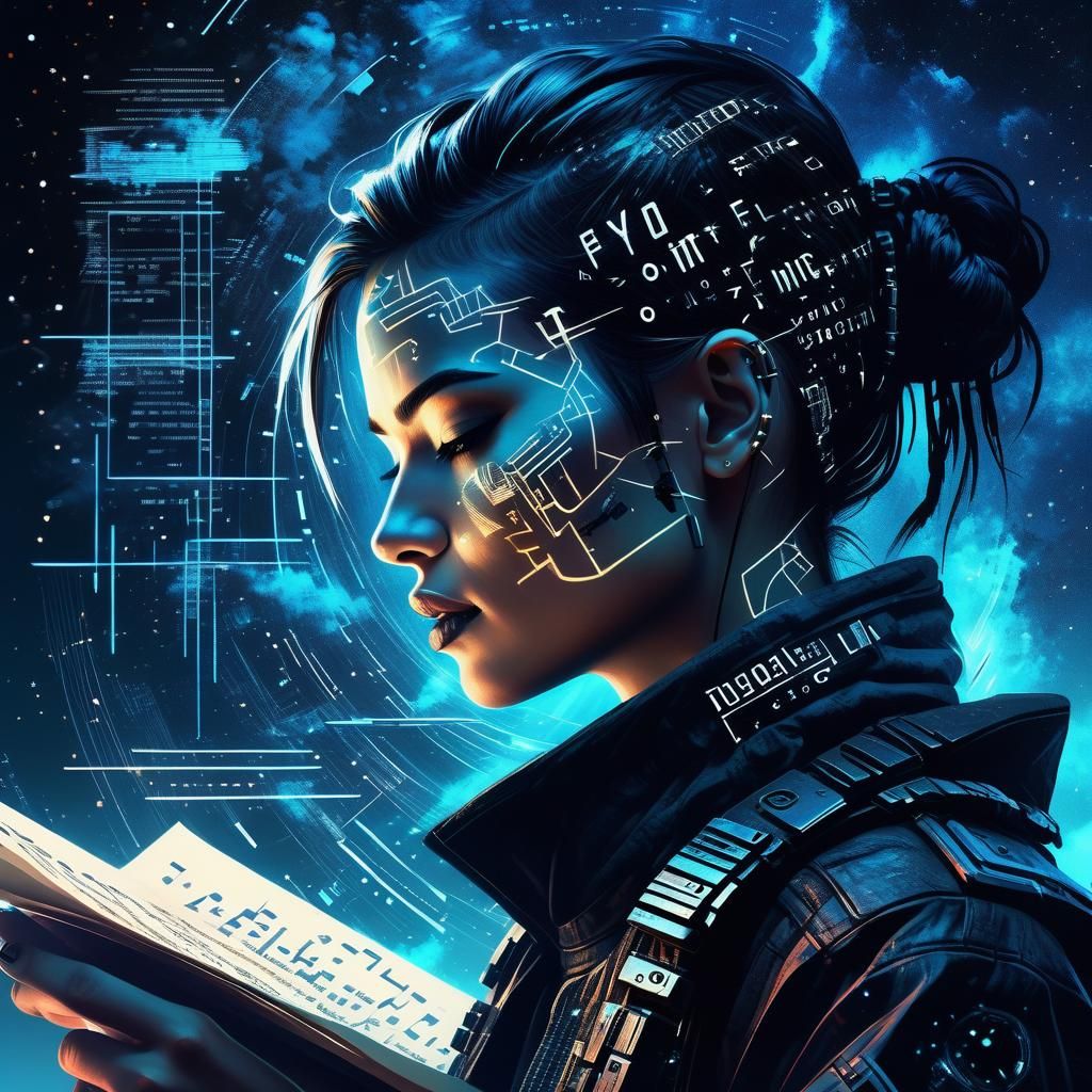 Cyberpunk Woman Writing with Starry Sky Double Exposure