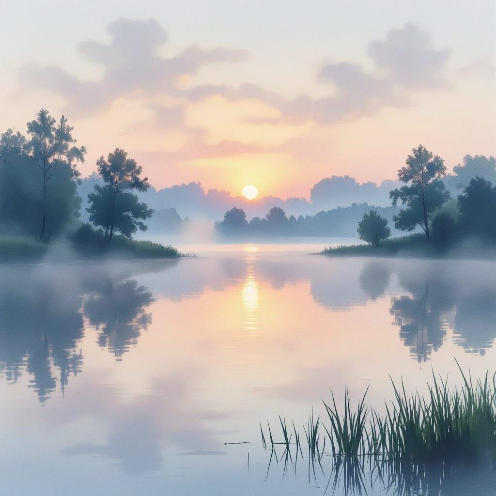 Tranquil Lake at Dawn in Watercolor Style