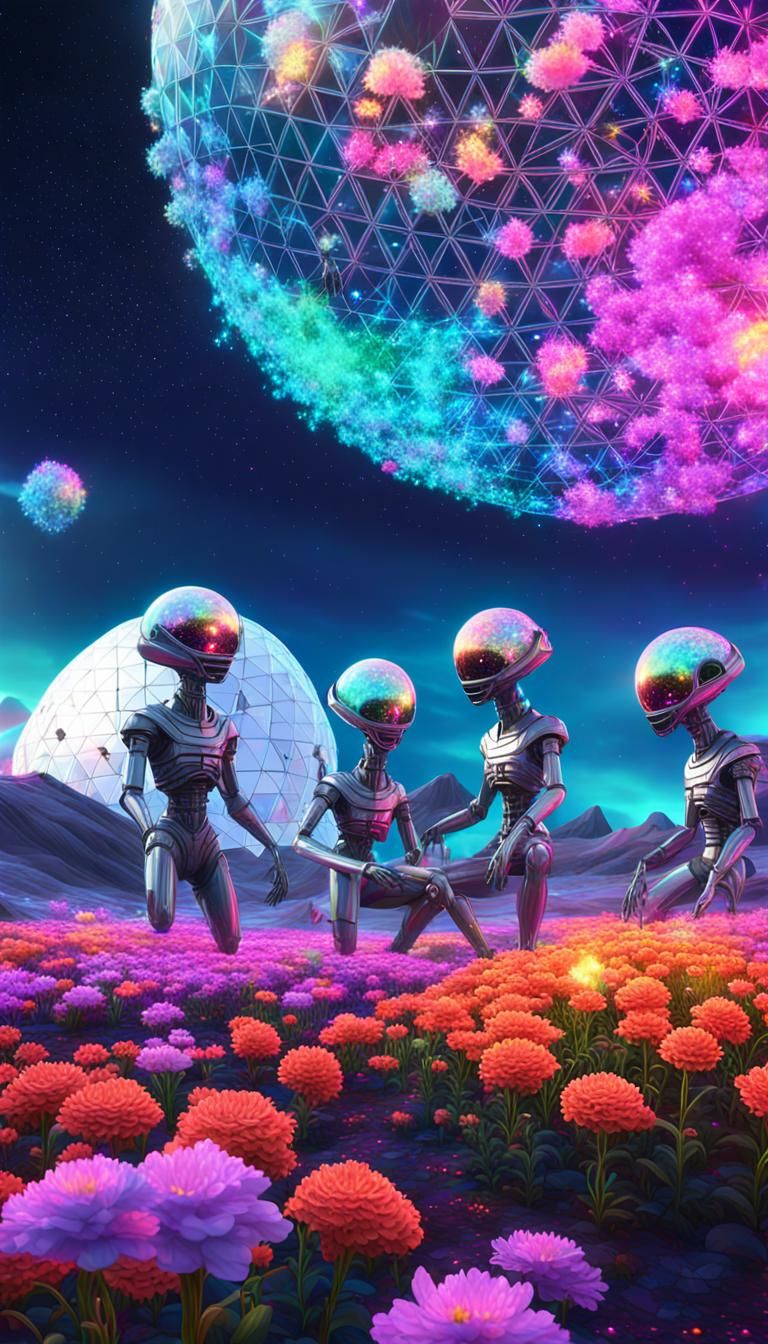 Three iridescent glittery sparkling aliens tending to the bl...