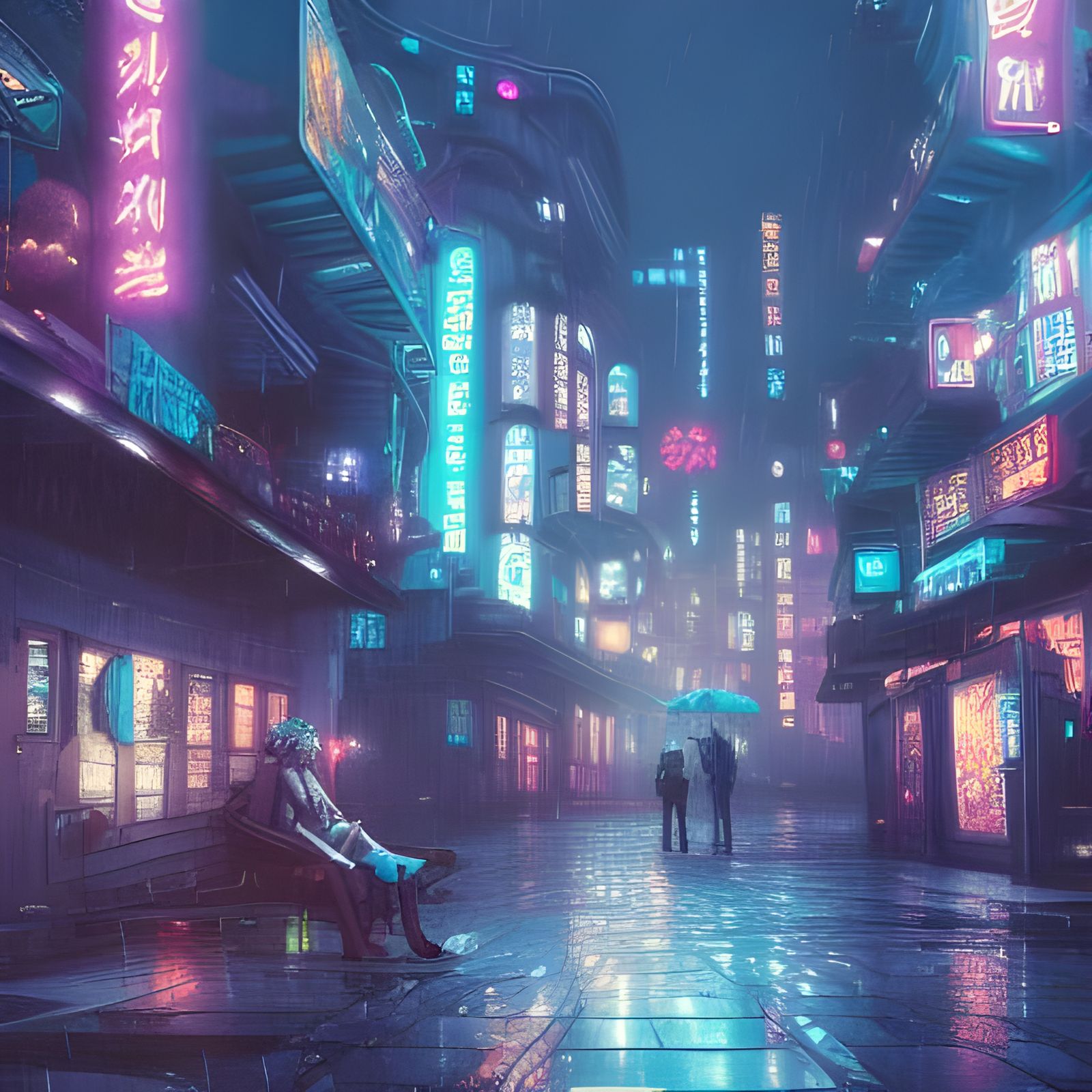 Reflective Cyberpunk Anime Town  by @Billy Bongcloud