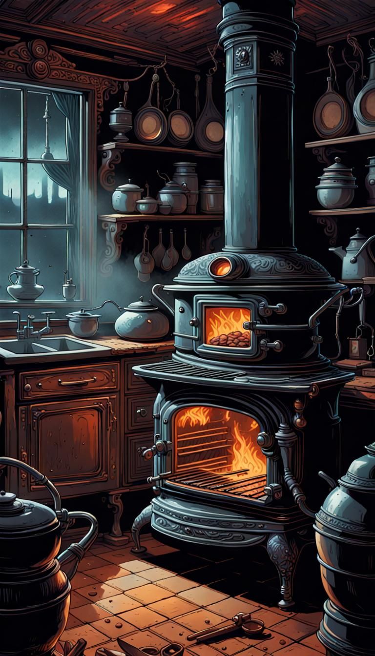 Malevolent pot belly stove in a haunted kitchen. Epic cinematic