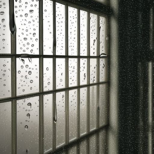 Intensified raindrops splattering onto translucent window in...