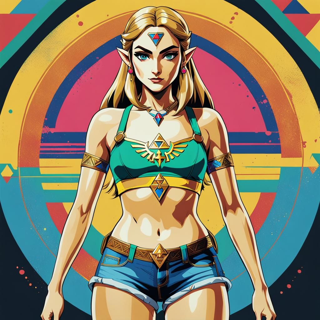 Princess Zelda wearing a bikini top and jean shorts