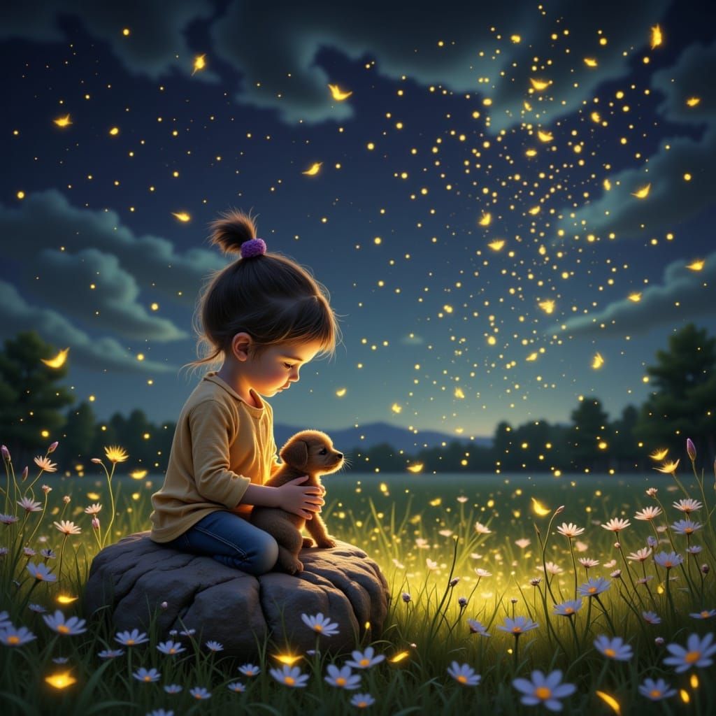 A child sitting on a rock in a meadow, playing with her adorable puppy, after twilight. The only light is from the tiny fireflies. <lora:Fir...
