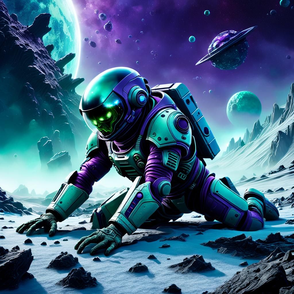 Ethereal Abandoned Alien Spacesuit on Icy Asteroid Planet