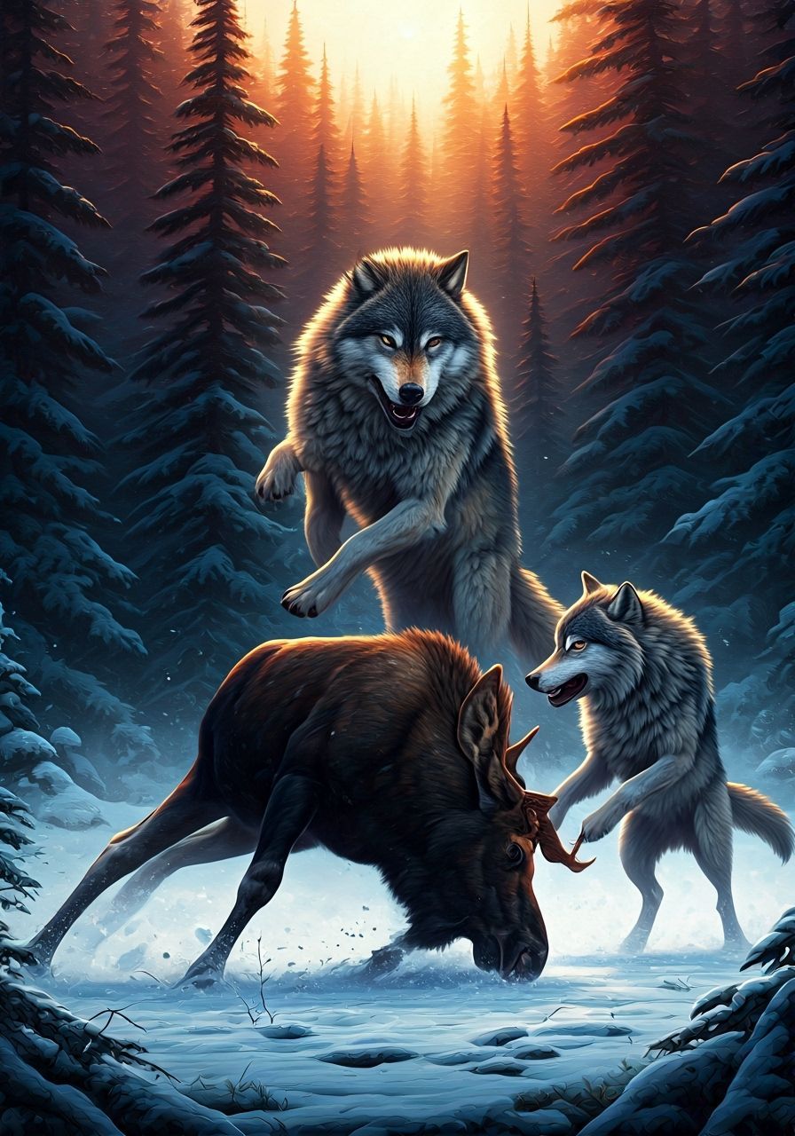  timber wolves attacking. mesmerizing linear illusion, creating a kinetic ...